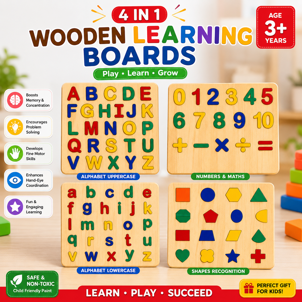 4-in-1 Wooden Learning Puzzle Board