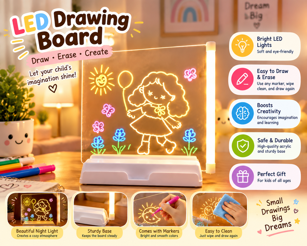 Acrylic LED Board With Colorful Light & 7 Neon Pens (Removable Template)