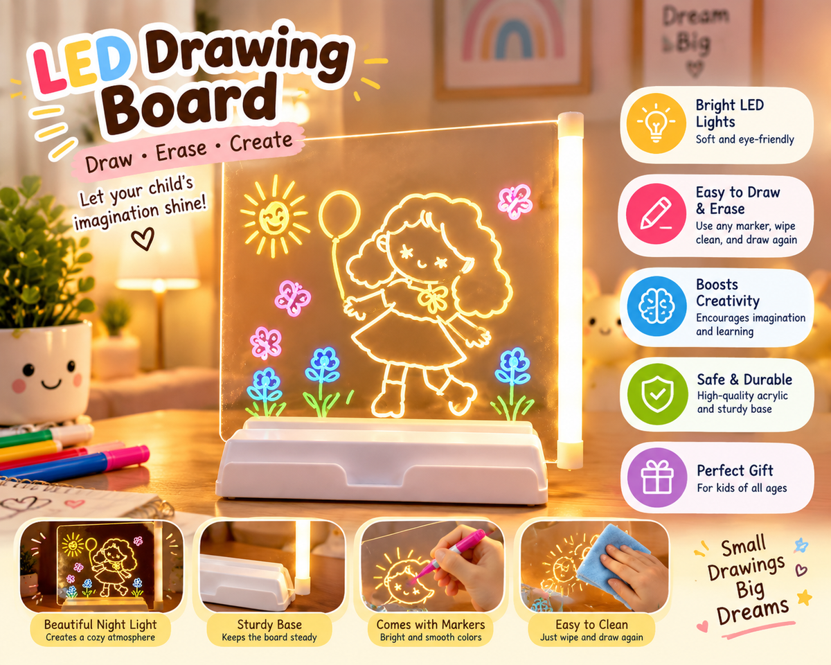 Acrylic LED Board With Colorful Light & 7 Neon Pens (Removable Template)