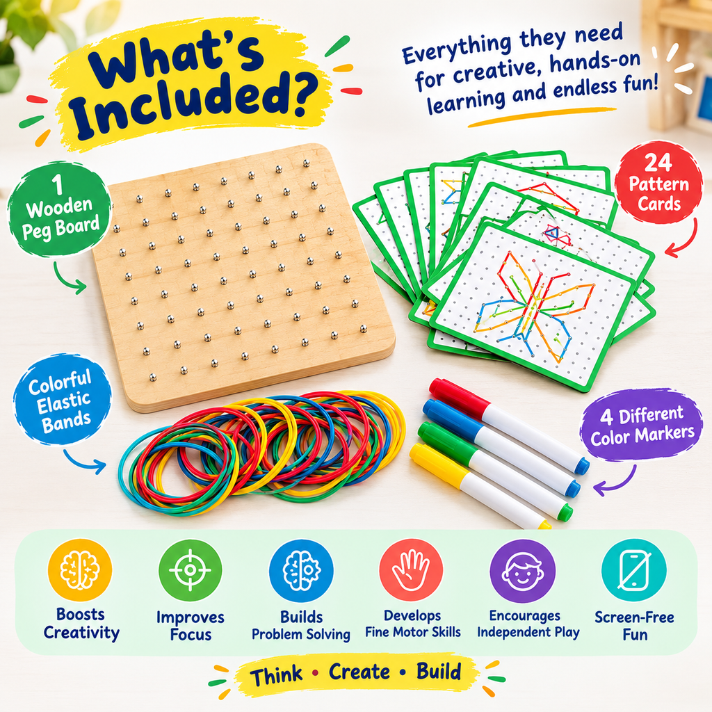 Creative Peg Board for Kids – Pattern Cards & Colorful Bands